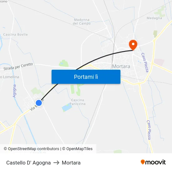 Castello D' Agogna to Mortara map