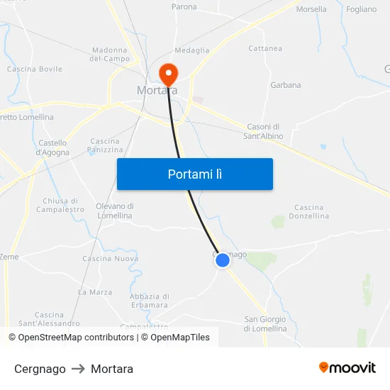 Cergnago to Mortara map