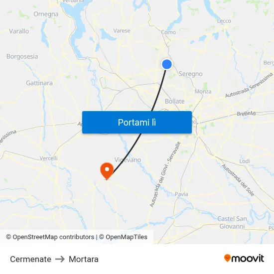 Cermenate to Mortara map