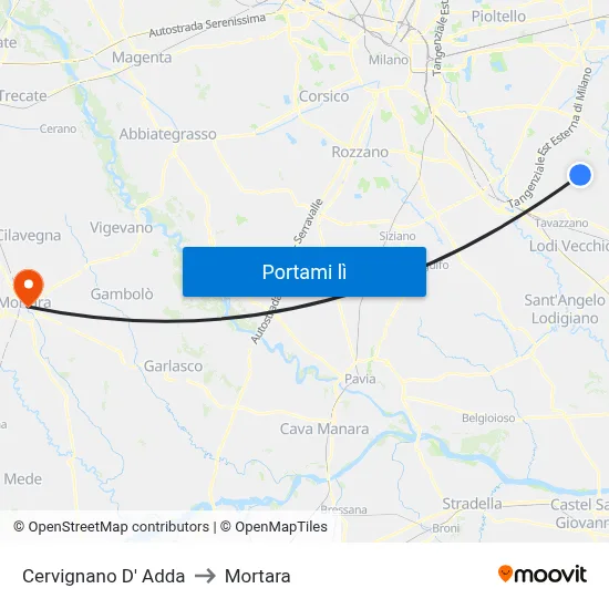 Cervignano D' Adda to Mortara map