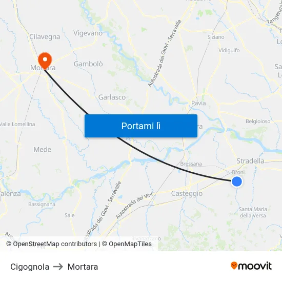 Cigognola to Mortara map
