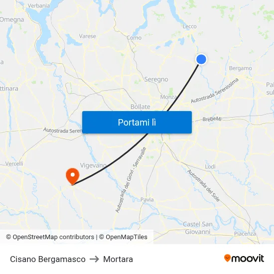 Cisano Bergamasco to Mortara map