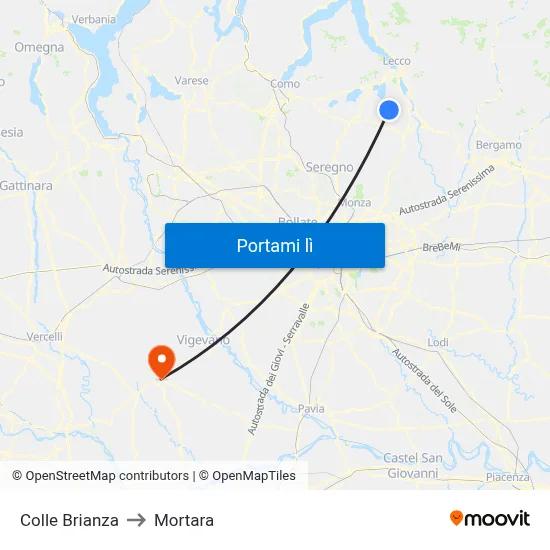 Colle Brianza to Mortara map