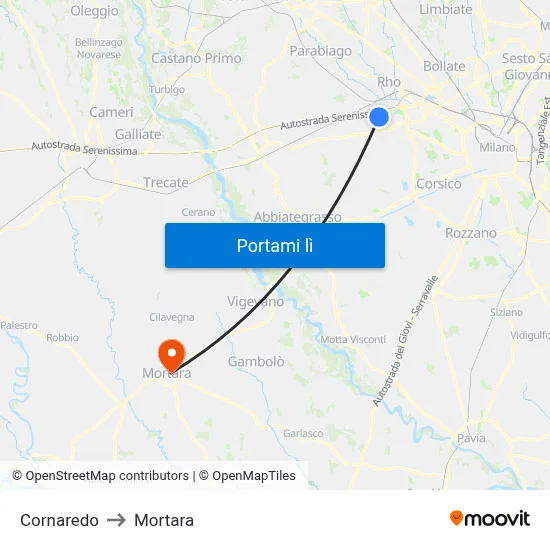 Cornaredo to Mortara map