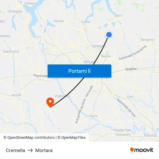 Cremella to Mortara map