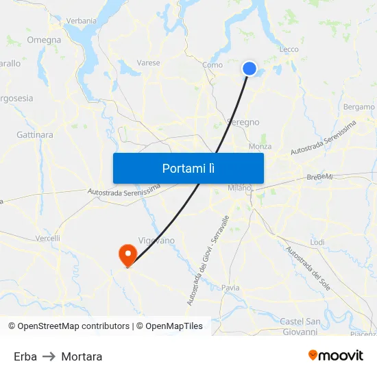 Erba to Mortara map