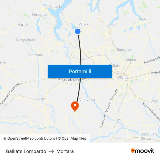Galliate Lombardo to Mortara map