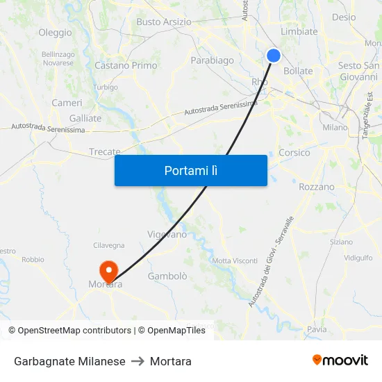 Garbagnate Milanese to Mortara map