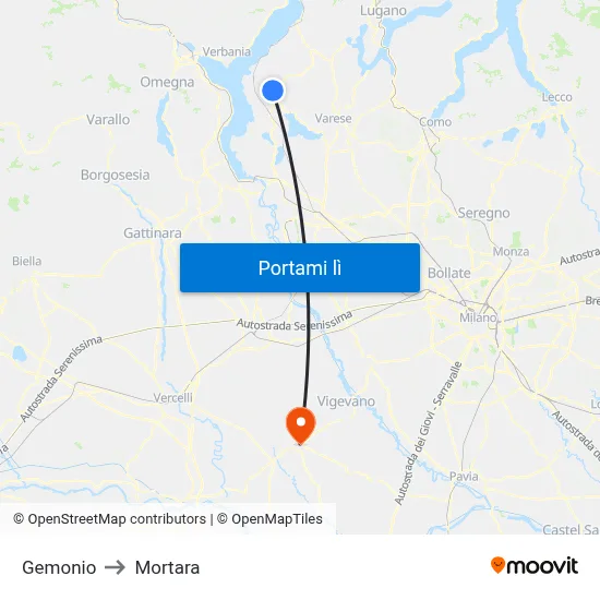Gemonio to Mortara map