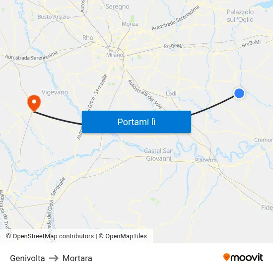 Genivolta to Mortara map