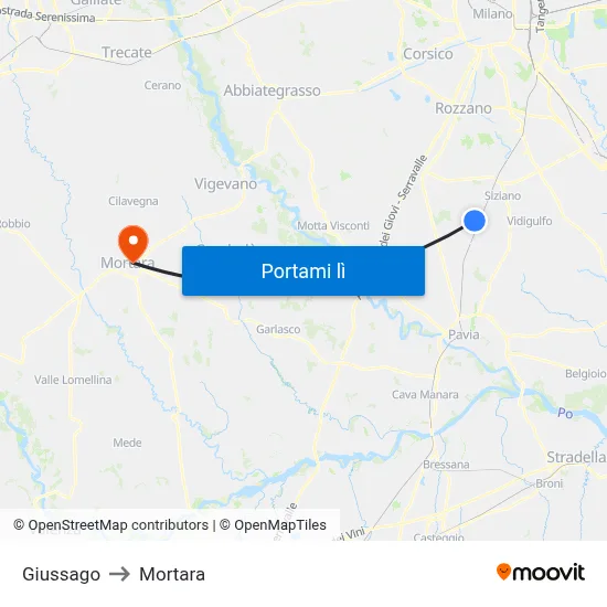 Giussago to Mortara map