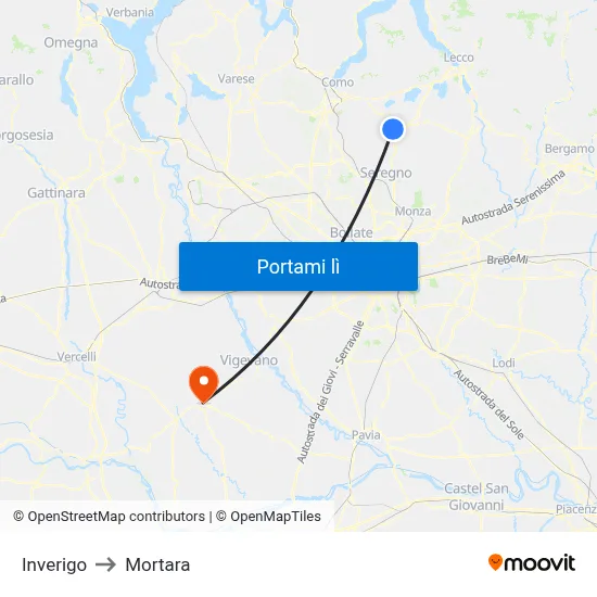 Inverigo to Mortara map