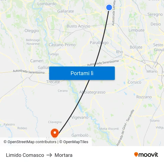 Limido Comasco to Mortara map