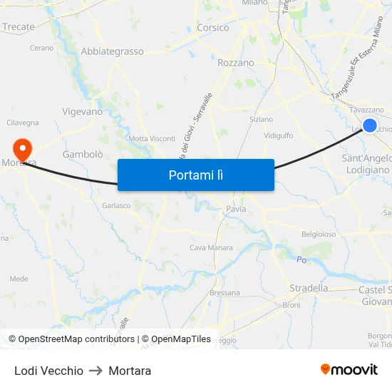 Lodi Vecchio to Mortara map