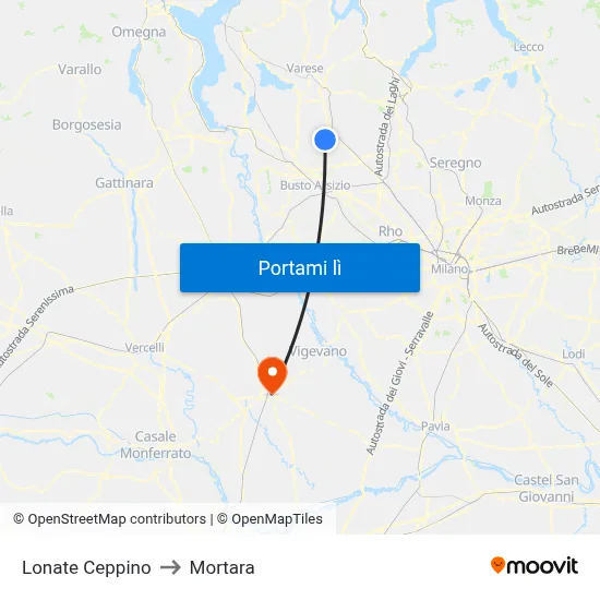 Lonate Ceppino to Mortara map