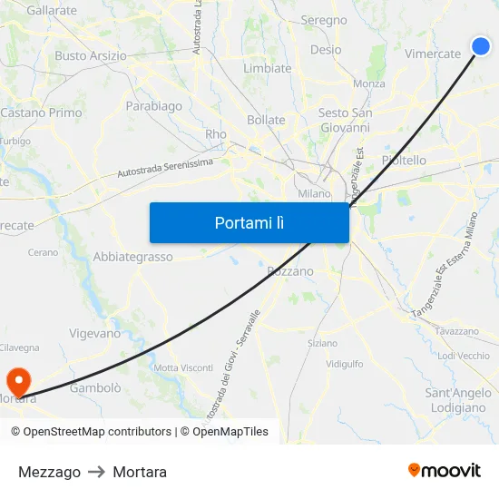 Mezzago to Mortara map