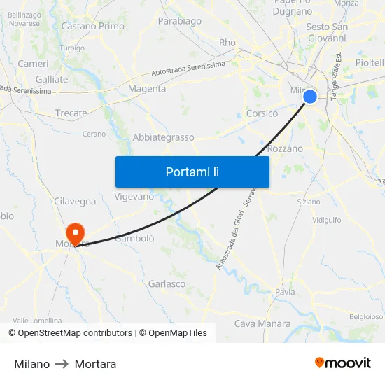 Milano to Mortara map