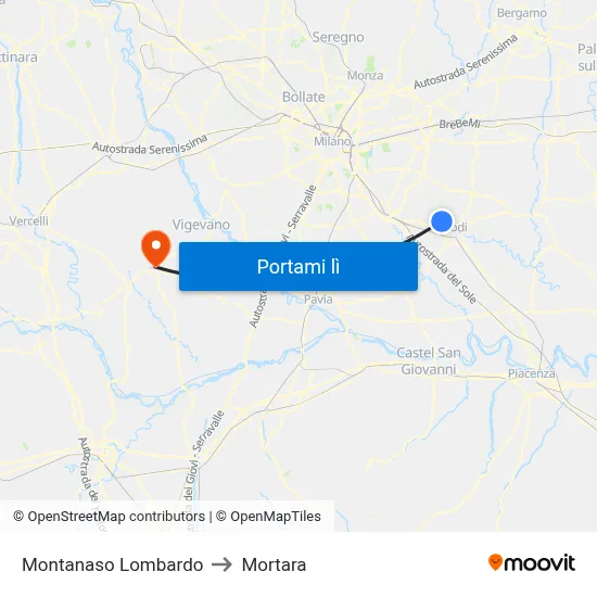 Montanaso Lombardo to Mortara map