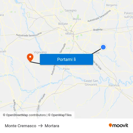Monte Cremasco to Mortara map
