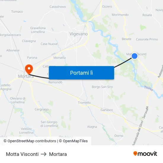 Motta Visconti to Mortara map