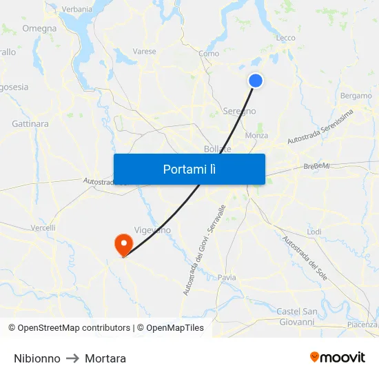 Nibionno to Mortara map