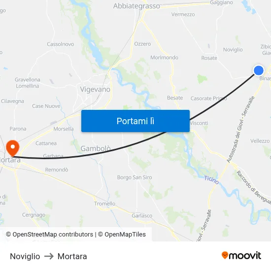Noviglio to Mortara map