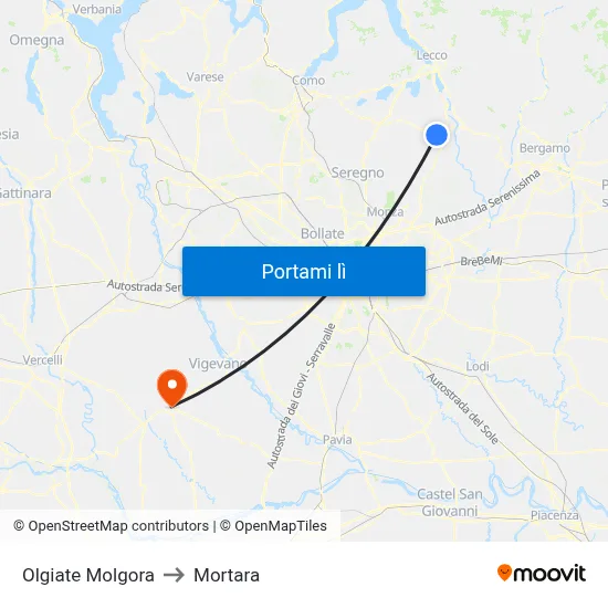 Olgiate Molgora to Mortara map