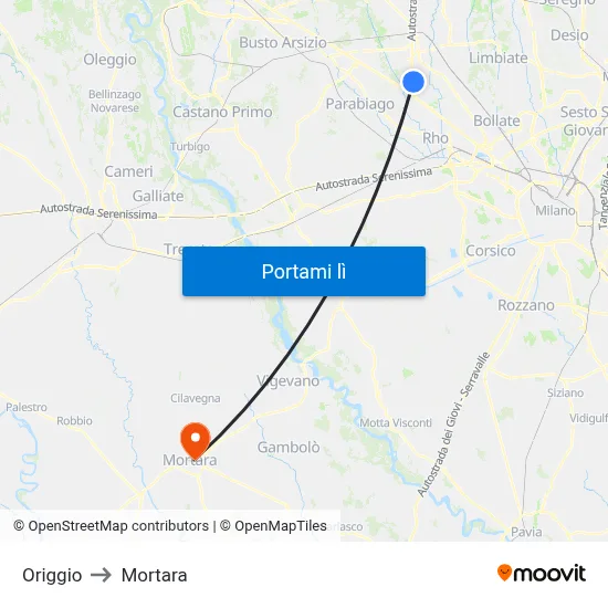 Origgio to Mortara map