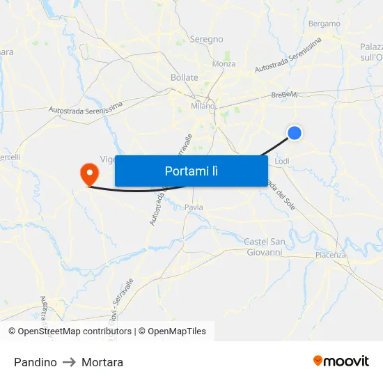 Pandino to Mortara map