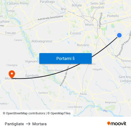 Pantigliate to Mortara map
