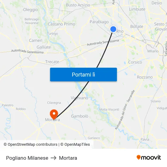 Pogliano Milanese to Mortara map
