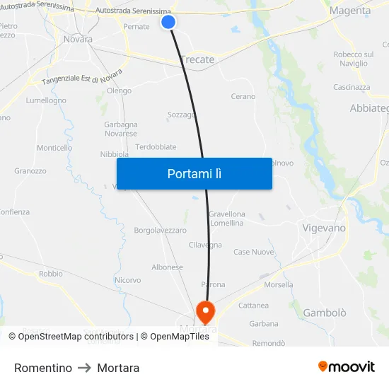 Romentino to Mortara map
