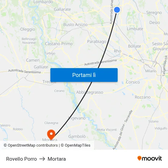 Rovello Porro to Mortara map