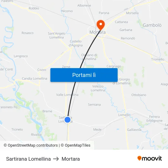 Sartirana Lomellina to Mortara map