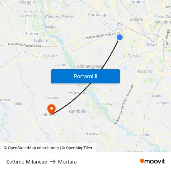 Settimo Milanese to Mortara map