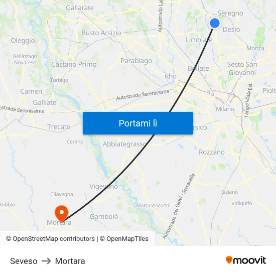Seveso to Mortara map