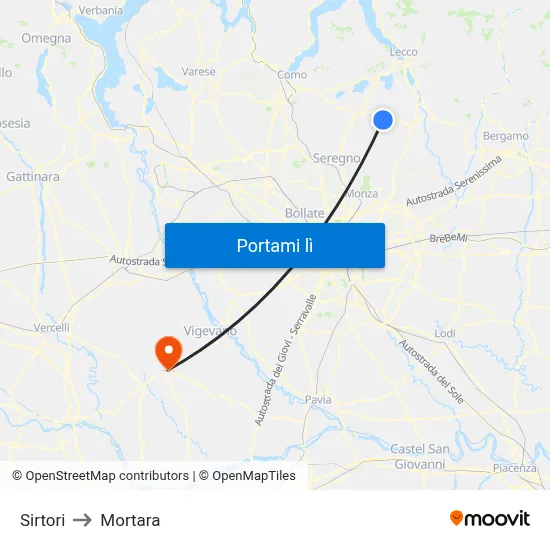 Sirtori to Mortara map