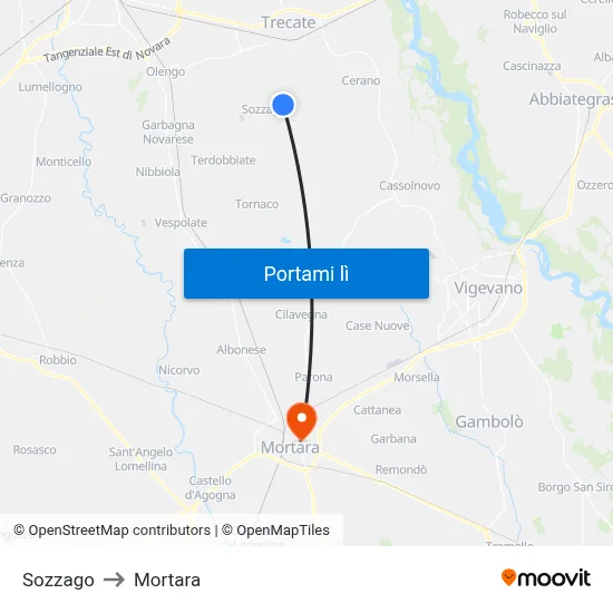 Sozzago to Mortara map