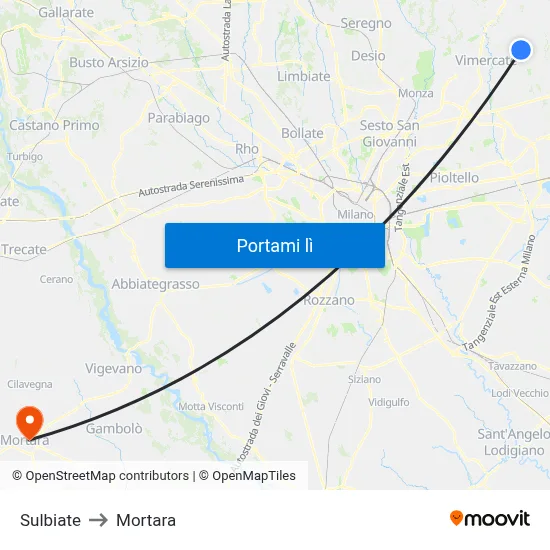 Sulbiate to Mortara map