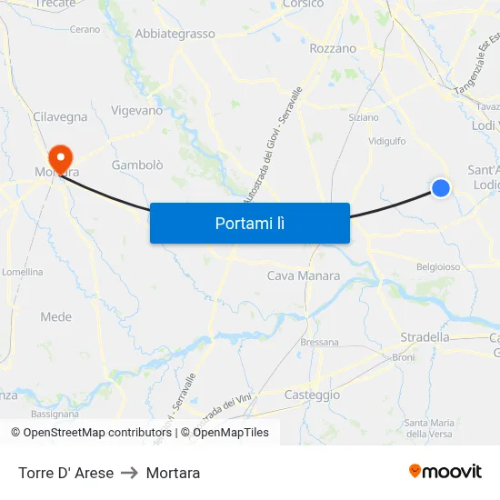 Torre D' Arese to Mortara map