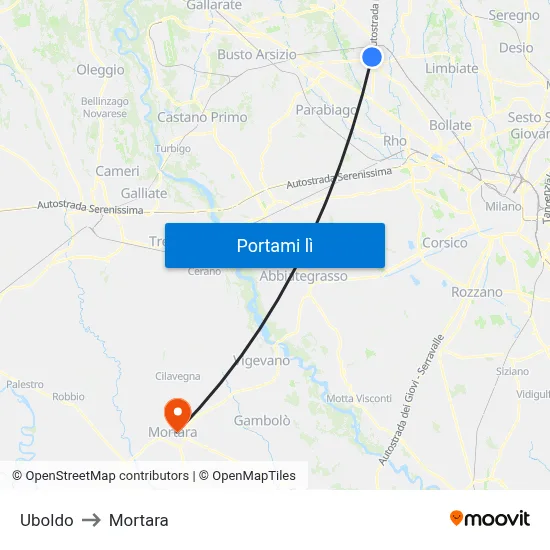 Uboldo to Mortara map