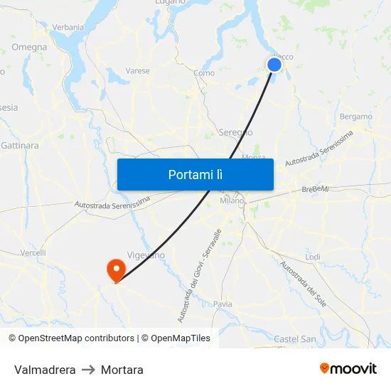 Valmadrera to Mortara map