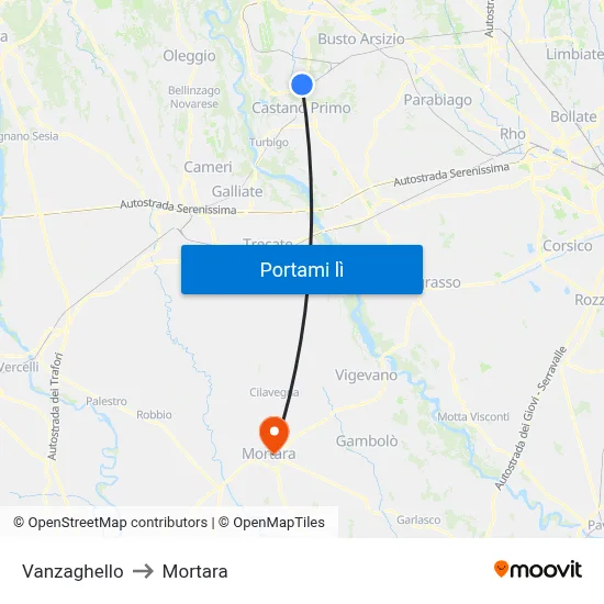 Vanzaghello to Mortara map