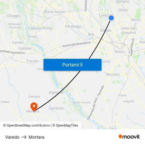 Varedo to Mortara map