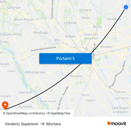 Verderio Superiore to Mortara map