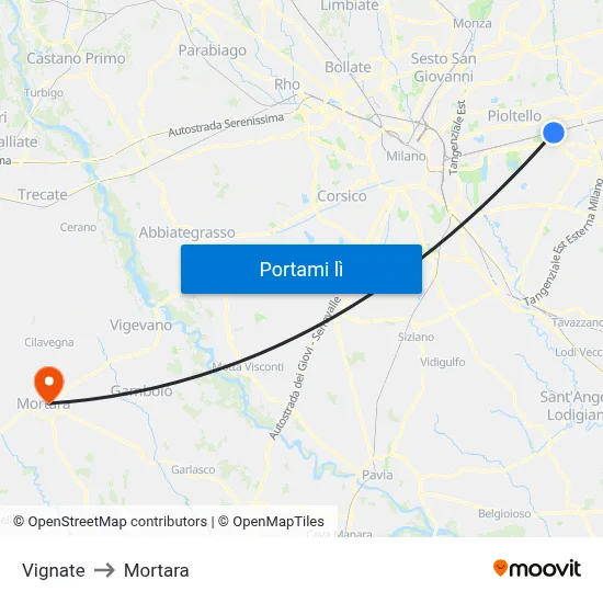 Vignate to Mortara map