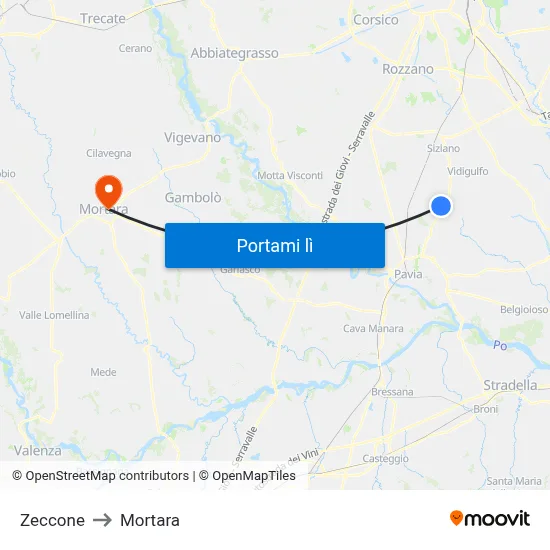 Zeccone to Mortara map