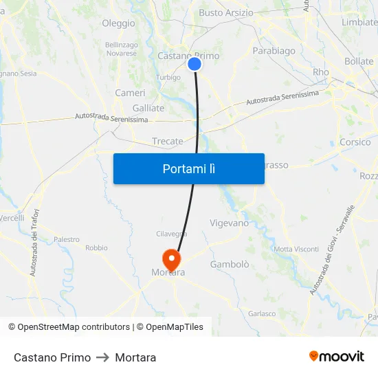Castano Primo to Mortara map