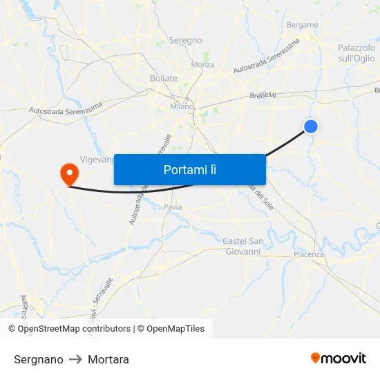 Sergnano to Mortara map