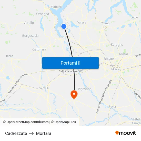 Cadrezzate to Mortara map